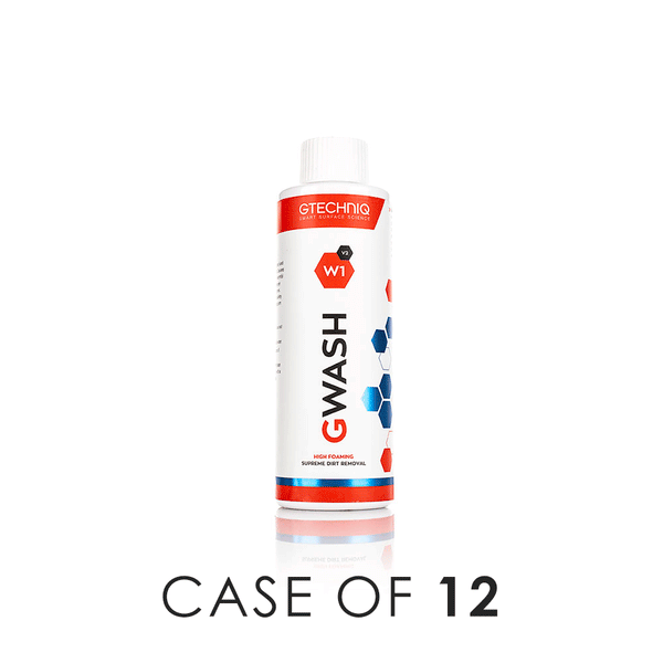 A bottle of Gtechniq Gwash on a white background with the text "Case of 12".