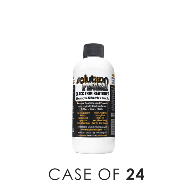 Solution Finish Black Trim Restorer 12 oz bottle case of 24 on a white background.