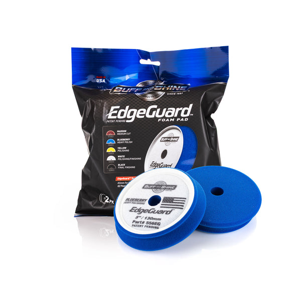 Buff and Shine Edgeguard 5in blue 2 pack and packaging on a white background.