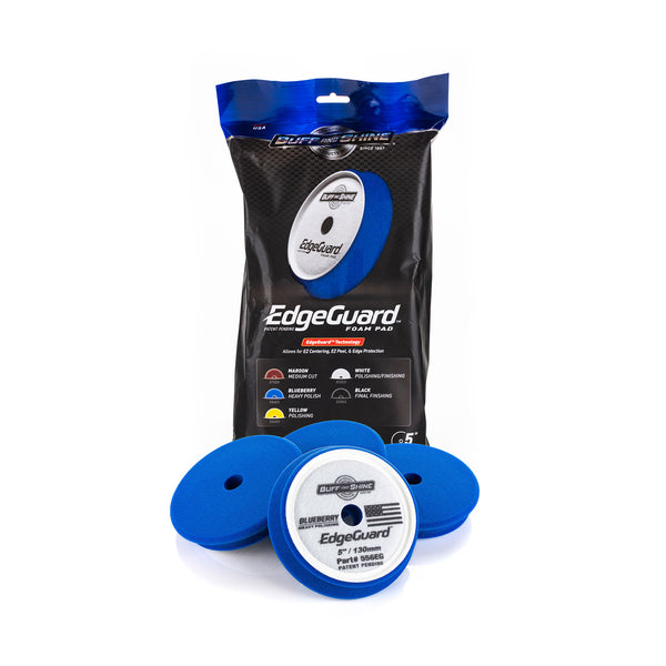 Buff and Shine Edgeguard 5in blue 4 pack and packaging on a white background.