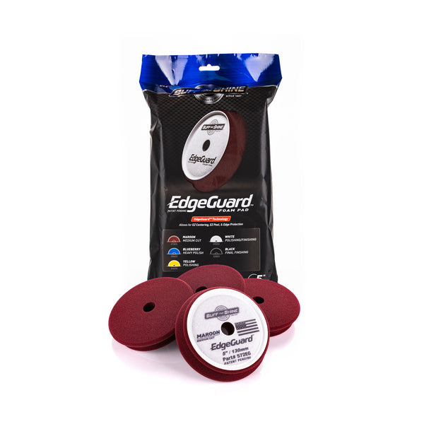 Buff and Shine Edgeguard 5in maroon 4 pack and packaging on a white background.