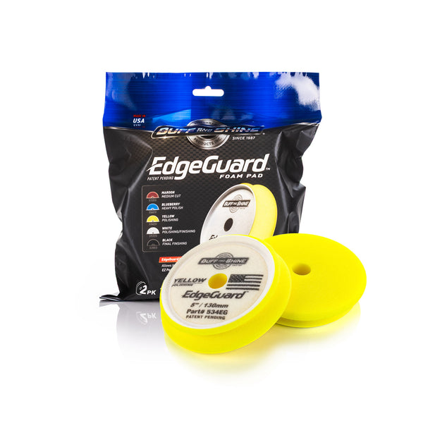 Buff and Shine Edgeguard 5in yellow 2 pack and packaging on a white background.