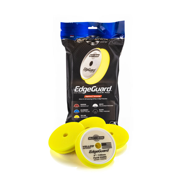 Buff and Shine Edgeguard 5in yellow 4 pack and packaging on a white background.