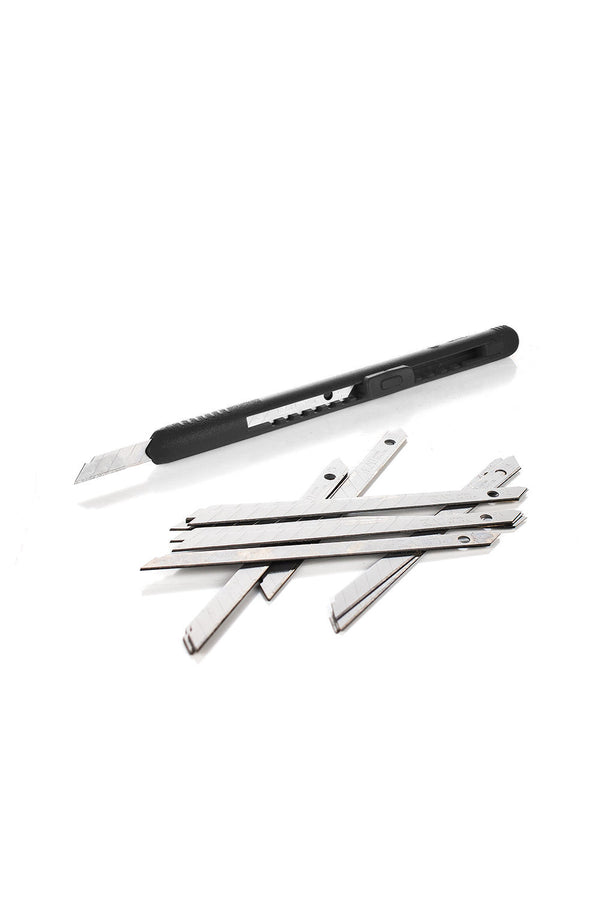 A group of Samari Blades in front of a Ninja Knife on a white background.