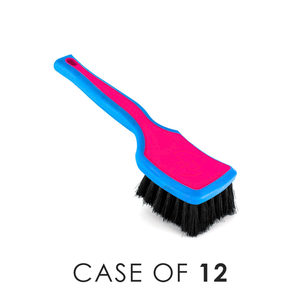 A pink and blue Detail Factory Interior Scrub Brush on a white background with the text 'Case of 12.
