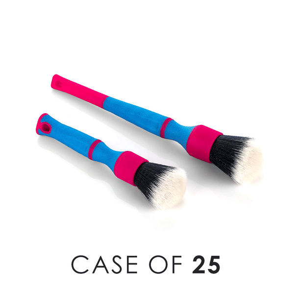 A short and long pink and blue Detail Factory Trigrip brush in parallel on a white background with the text 'Case of 25'.