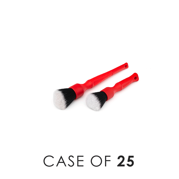 A short and long red Detail Factory Trigrip brush in parallel on a white background with the text 'Case of 25'.