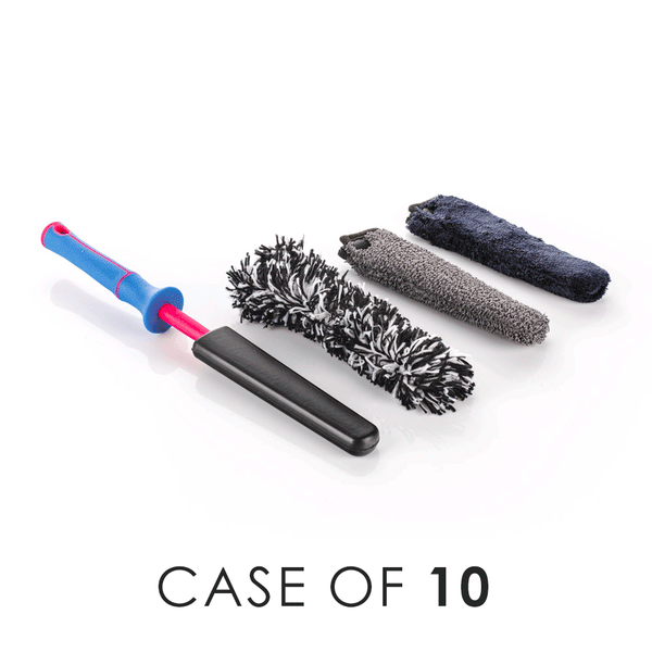 A pink and blue Detail Factory Wheel Brush and three different covers on a white background with the text 'Case of 10'.