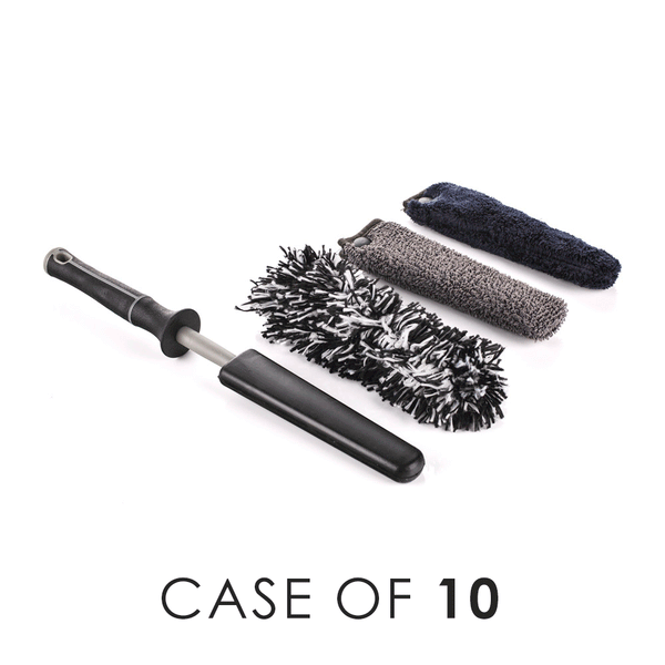 A gray Detail Factory Wheel Brush and three different covers on a white background with the text 'Case of 10'.
