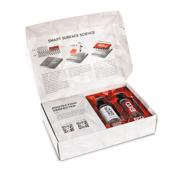 Gtechniq Crystal Serum Light and EXO ceramic coating kit open box view on a white background