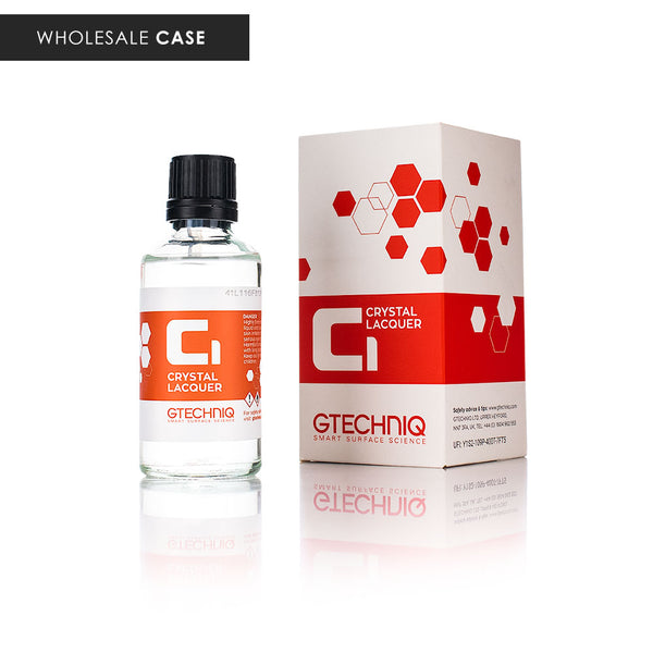 A bottle of Gtechniq Crystal Lacquer next to its packaging on a white background with the text 'Wholesale Case'.