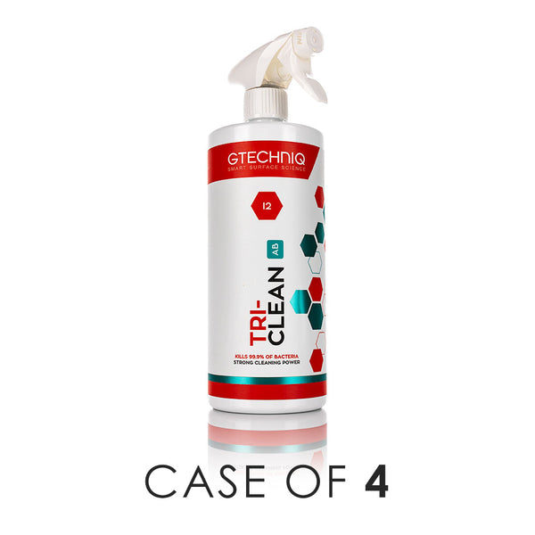 A spray bottle of Gtechniq Tri-Clean on a white background with the text 'Case of 4'.