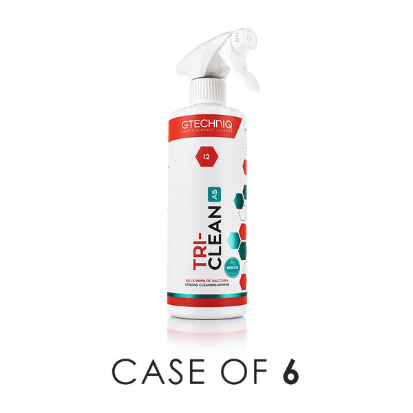 A spray bottle of Gtechniq Tri-Clean on a white background with the text 'Case of 6'.