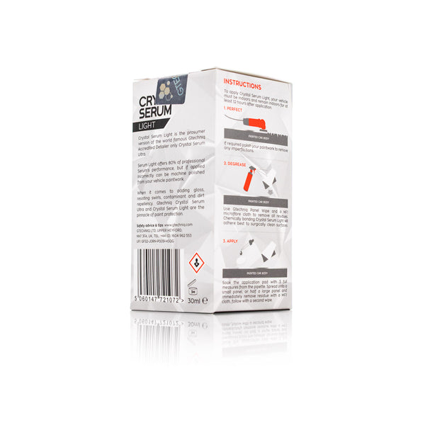 Gtechniq Crystal Serum Light 30ml Box back view on a white background.