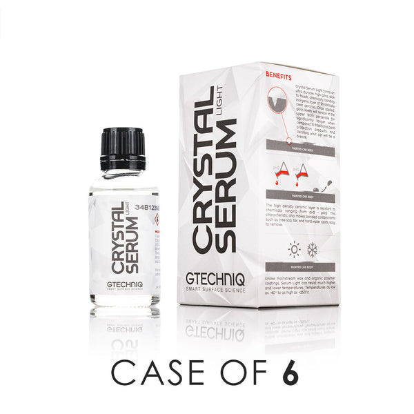 Gtechniq Crystal Serum Light 30ml Bottle and Box front view with the text "Case of 6" on a white background.