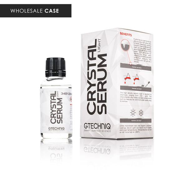 Gtechniq Crystal Serum Light 30ml Bottle and Box front view with the text "Wholesale Case" on a white background.