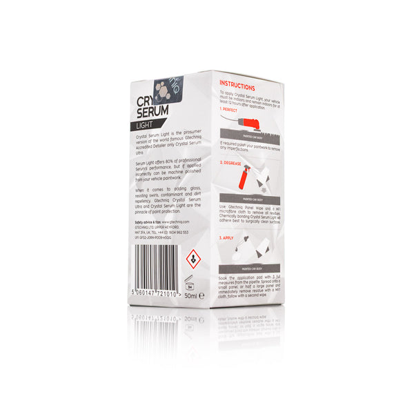 Gtechniq Crystal Serum Light 50ml and Box back view on a white background.