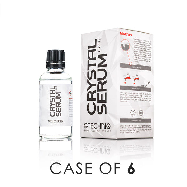Gtechniq Crystal Serum Light 50ml Bottle and Box front view with the text "Case of 6" on a white background.