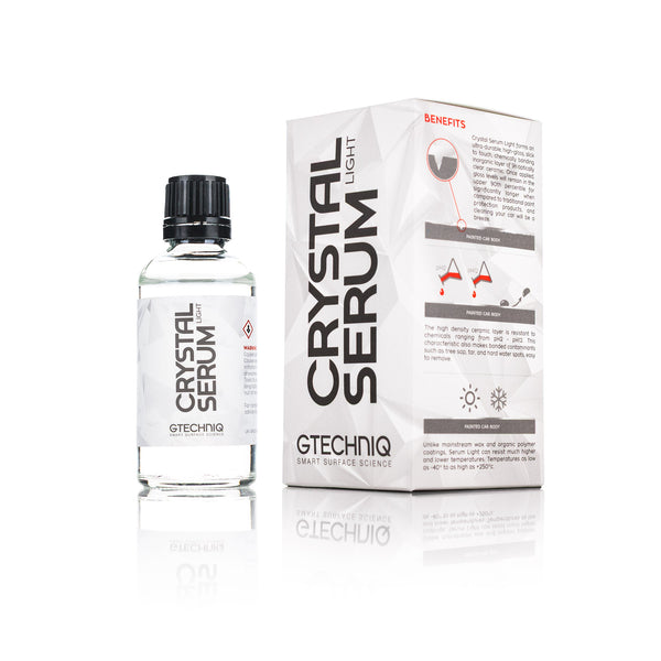 Gtechniq Crystal Serum Light 50ml bottle and Box front view on a white background.