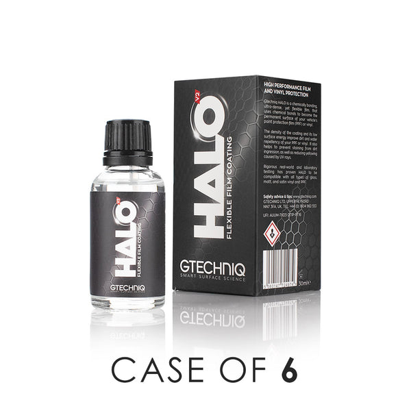 The bottle and packaging for the Gtechniq Halo V2 on a white background with the text 'Case of 6'.