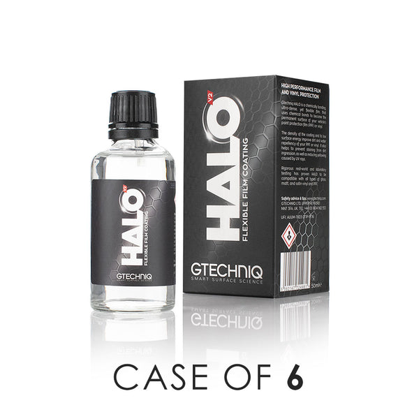 The bottle and packaging for the Gtechniq Halo V2 on a white background with the text 'Case of 6'.