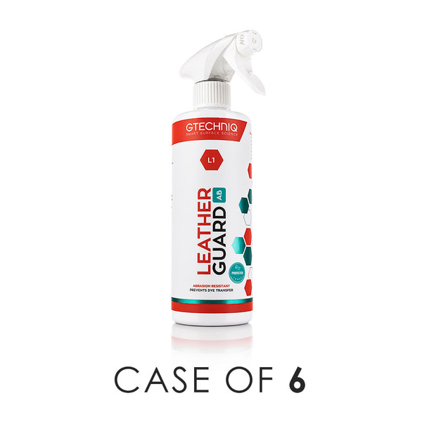 A spray bottle of Gtechniq Leather Guard on a white background with the text 'Case of 6'.