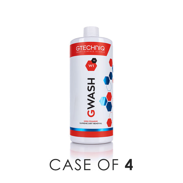 A bottle of Gtechniq W1 Gwash on a white background with the text 'Case of 4'.