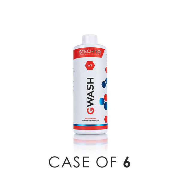 A bottle of Gtechniq W1 Gwash on a white background with the text 'Case of 6'.