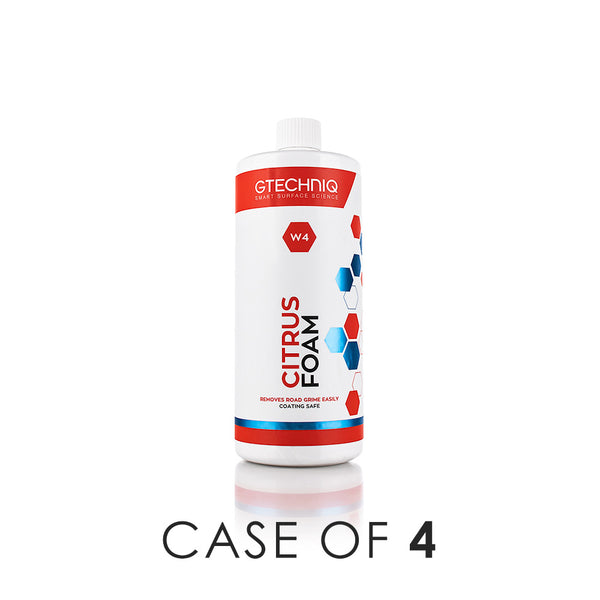 A bottle of Gtechniq W4 Citrus Foam on a white background with the text 'Case of 4'.