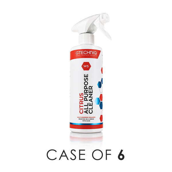 A spray bottle of Gtechniq W5 Citrus All Purpose Cleaner on awhite background with the text 'Case of 6'.