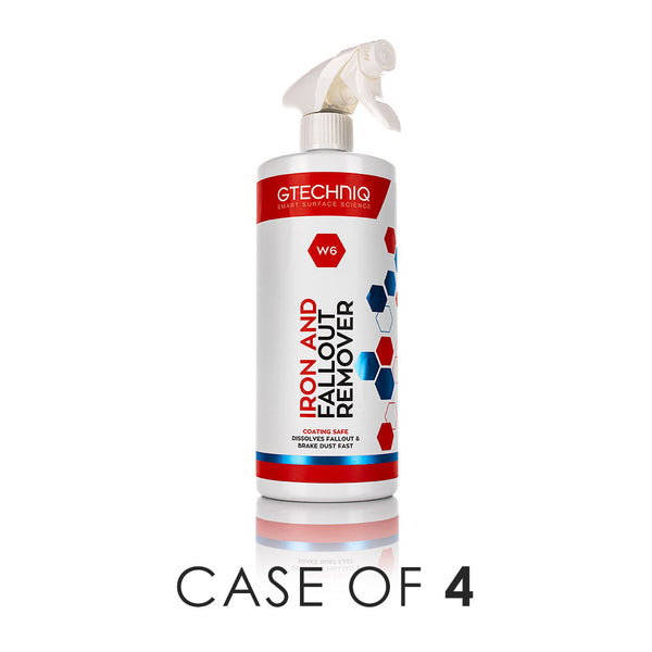 A spray bottle of Gtechniq W6 Iron and Fallout Remover on a white background with the text 'Case of 4'.