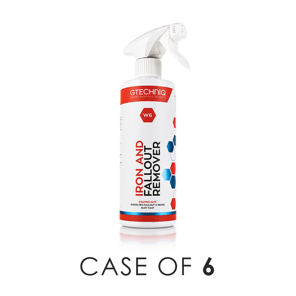 A spray bottle of Gtechniq W6 Iron and Fallout Remover on a white background with the text 'Case of 6'.