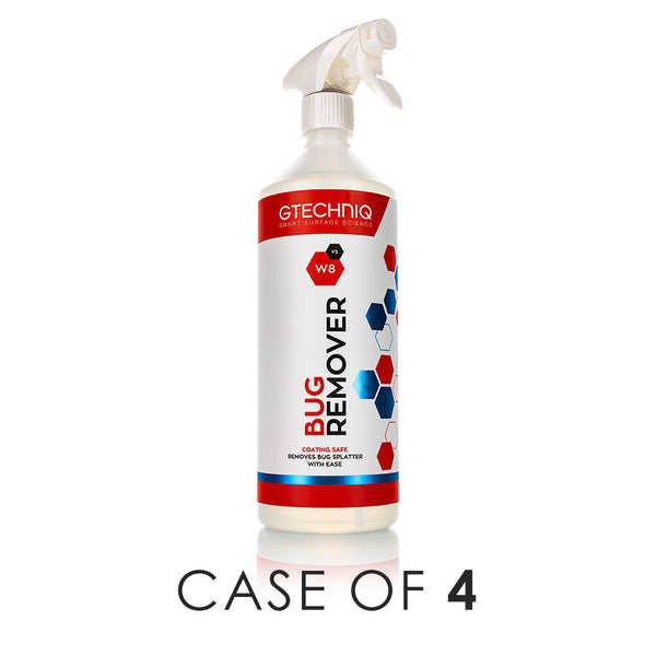 A spray bottle of Gtechniq W8 Bug Remover on a white background with the text 'Case of 4'.