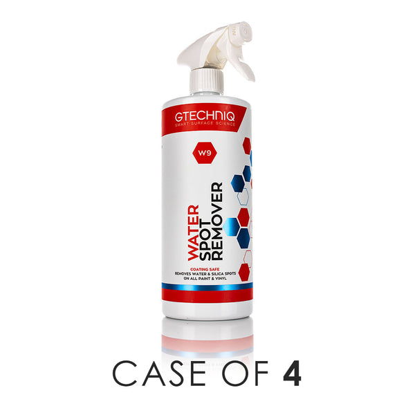 A spray bottle of Gtechniq W( Water SPot Remover on a white background with the text 'Case of 4'.