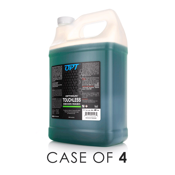 Optimum Touchless Decon Wash 1 Gallon Jug on a white background with the text "Case of 4".