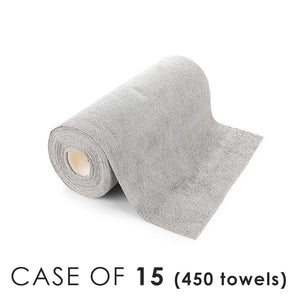 A single roll of Rip n Rag multi-purpose microfiber towels from The Rag Company in a grey color lying on its side. An advertisement of a wholesale case of the product totaling 450 towels