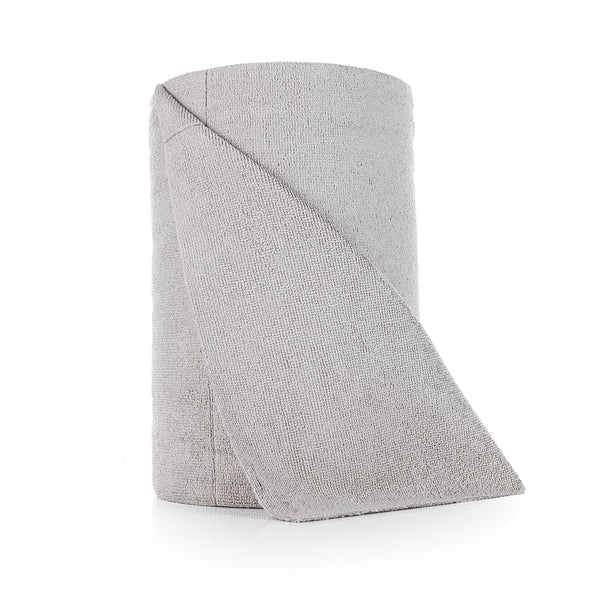 A single roll of Rip n Rag multi-purpose microfiber towels from The Rag Company in a grey color standing up