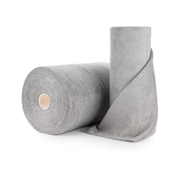 Two rolls of Rip n Rag multi-purpose microfiber towels from The Rag Company in a grey color