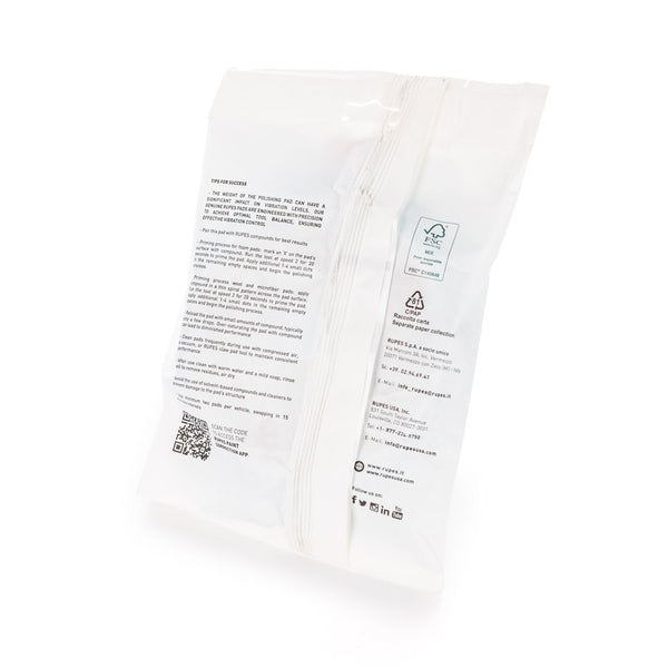 Rupes D-A INTERMEDIATE High Performance Cut & Finish Foam Pad Blue 5 inch back of packaging on a white background.