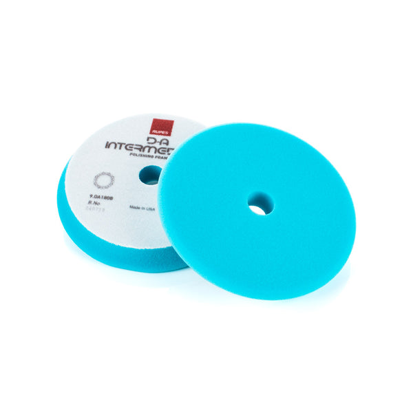 Rupes D-A INTERMEDIATE High Performance Cut & Finish Foam Pad Blue 6 inch on a white background.