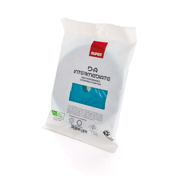 Rupes D-A INTERMEDIATE High Performance Cut & Finish Foam Pad Blue 6 inch packaging on a white background.