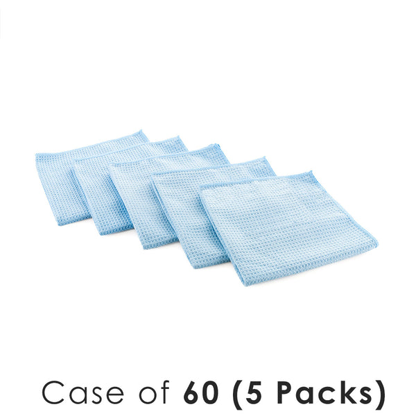 Standard Waffle Weave 16x16 light blue Towels on a white background with the text "Case of 60 (5 Packs)"