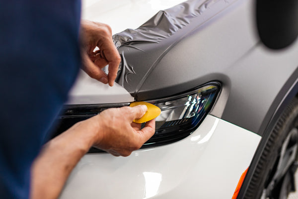 A person using the Yelloplek on a car headlight.