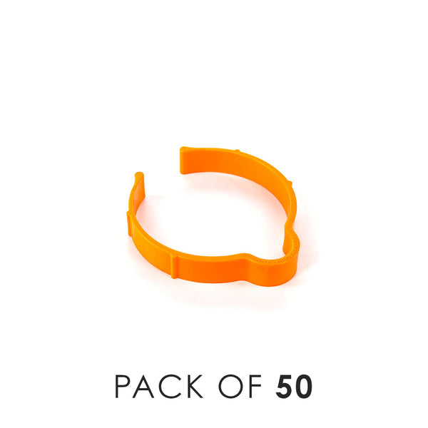 An orange Yellotool speed clip on a white background with the text 'Pack of 50'.