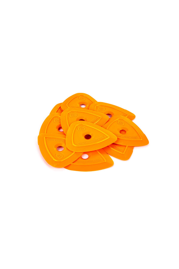 A pile of orange Yel-Lo-Pleks on a white background.
