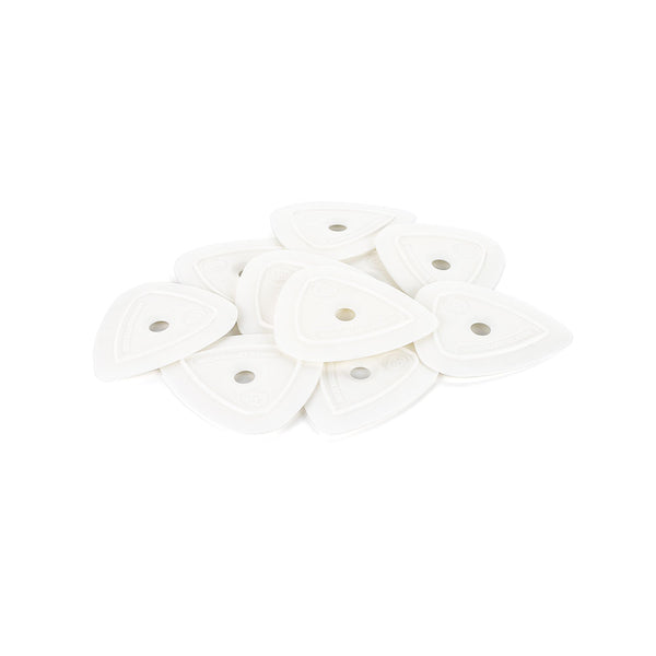 A pile of White Yel-Lo-Pleks on a white background.