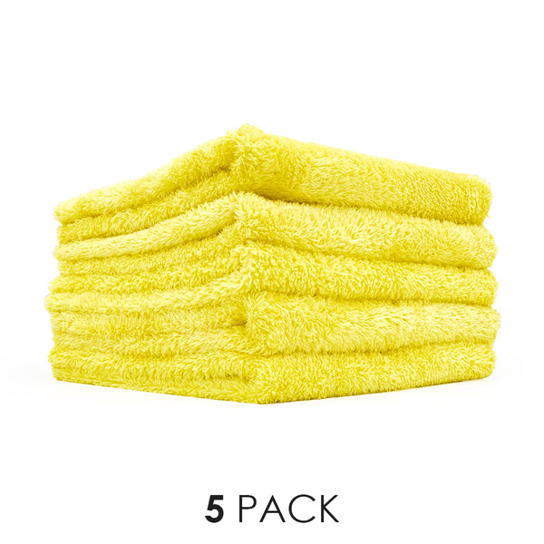A 5 pack of yellow Eagle Edgeless 350 16x16 towels from The Rag Company