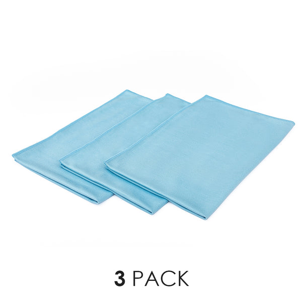 A 3 pack of blue 16x24 Premium Glass & Window microfiber towels from The Rag Company