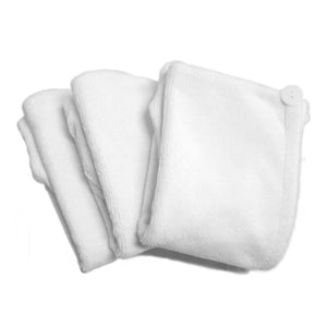 A picture of the white one-size-fits-all microfiber hair turban towel from The Rag Company. Dry your hair faster and more effectively with this plush and reusable product
