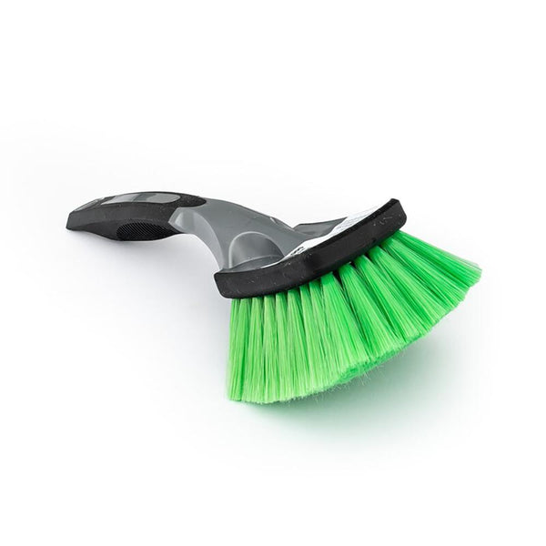 The Rag Company Wheel and Body Brush Short Handle with Green Bristles on a white background.